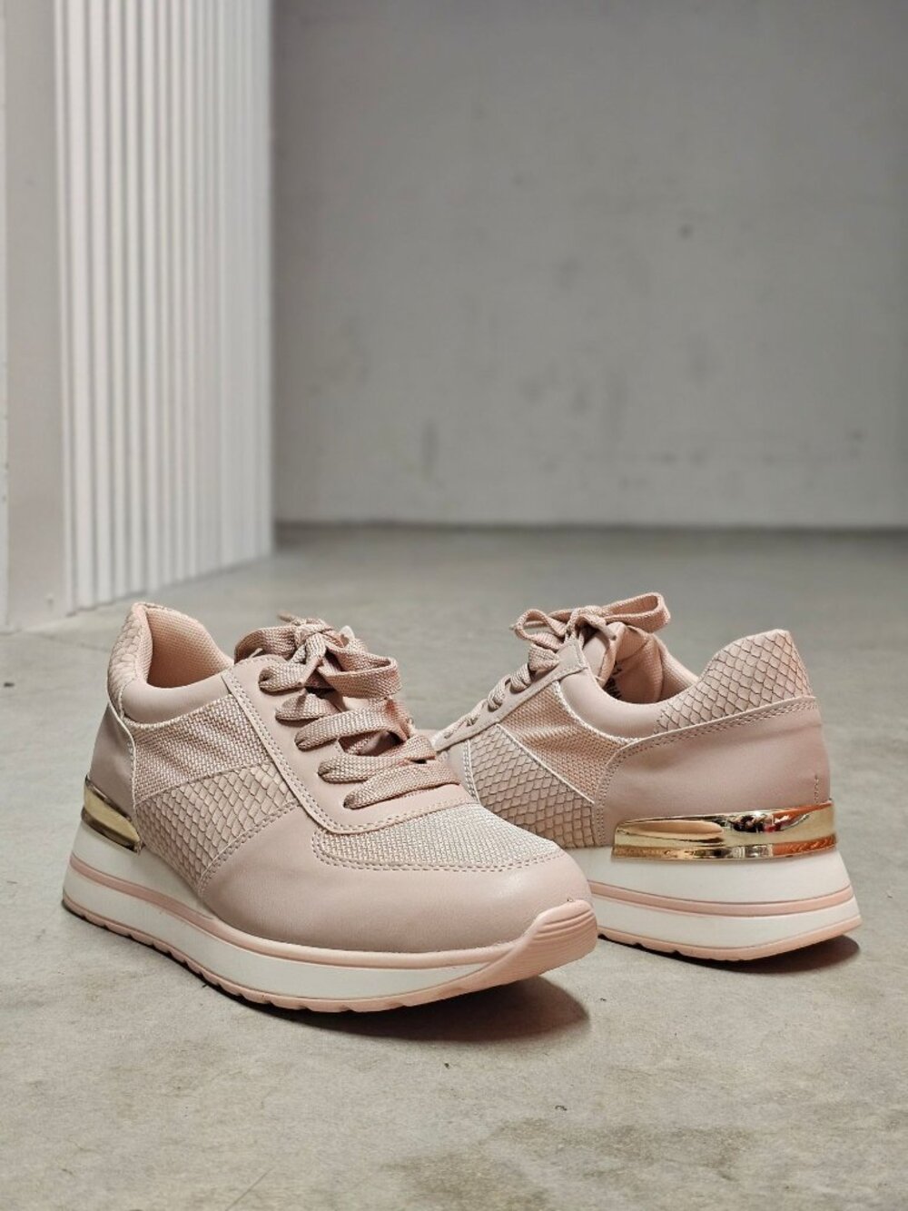 Blush Pink Womens Sneakers With Mesh Paneling & Gold Heel Accent - Picture 6 of 13